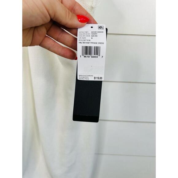 Adrianna Papell White Sleeveless Halter Neck Fringe Trim Dress Bodycon Size US 8 - Picture 11 of 13
